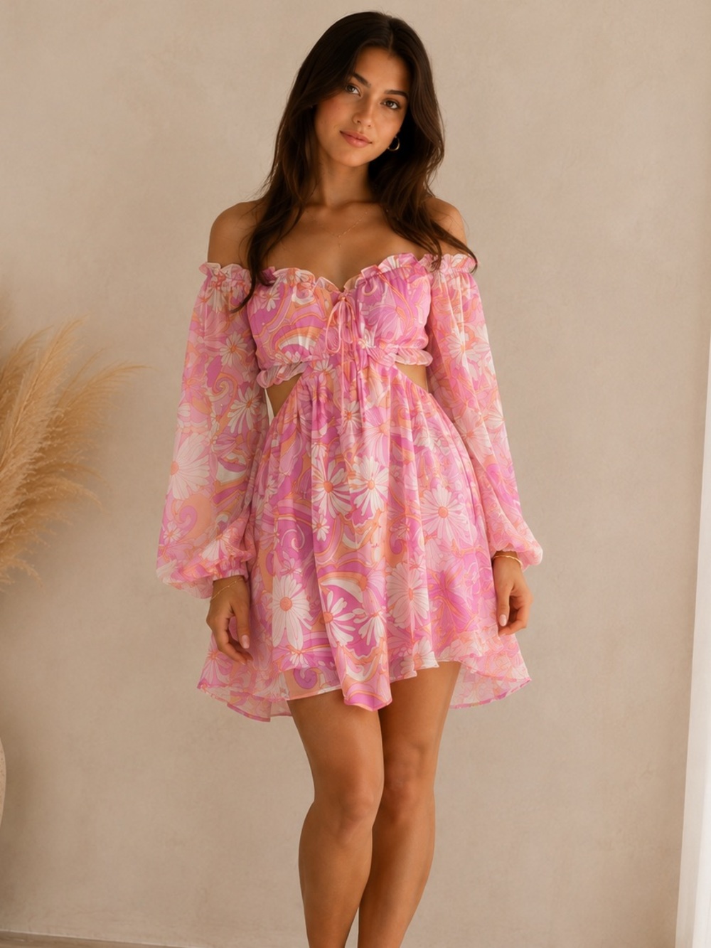 Privy Floral Pebble Chiffon Long Sleeve Dress